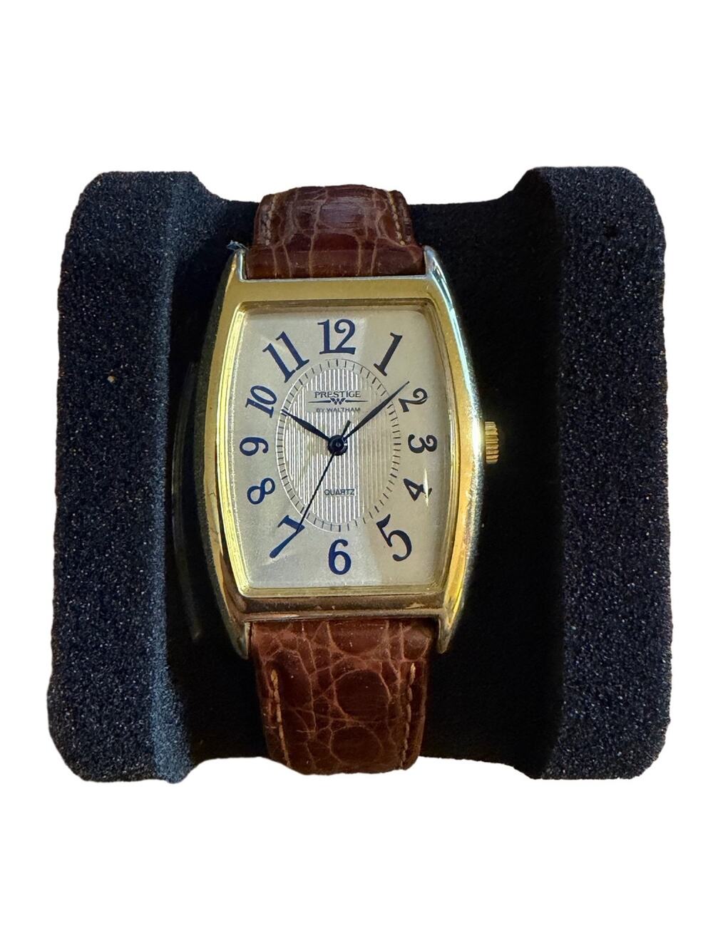 Prestige by Waltham Gold Tone Tonneau Quartz Watch Brown Leather Strap